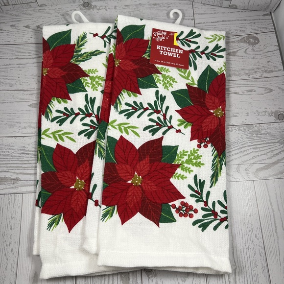 Holiday Poinsettia Hand Towel Set of 2 Festive Christmas Decor - Picture 2 of 3